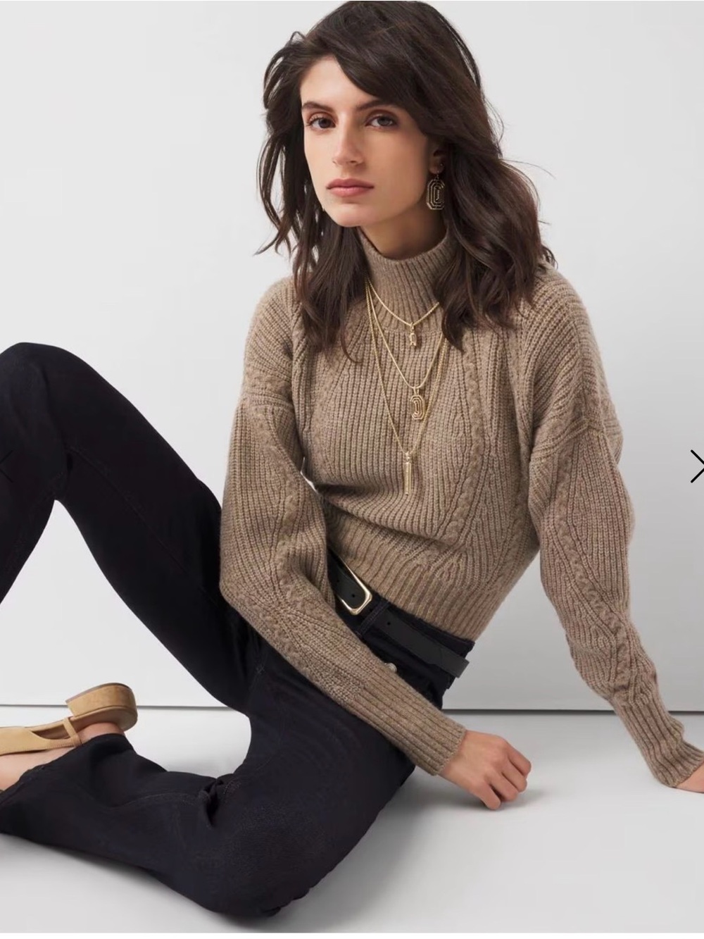 WHBM XL Chunky Knit Mock Neck Cable Sweater Neutral Cozy Quiet Luxury